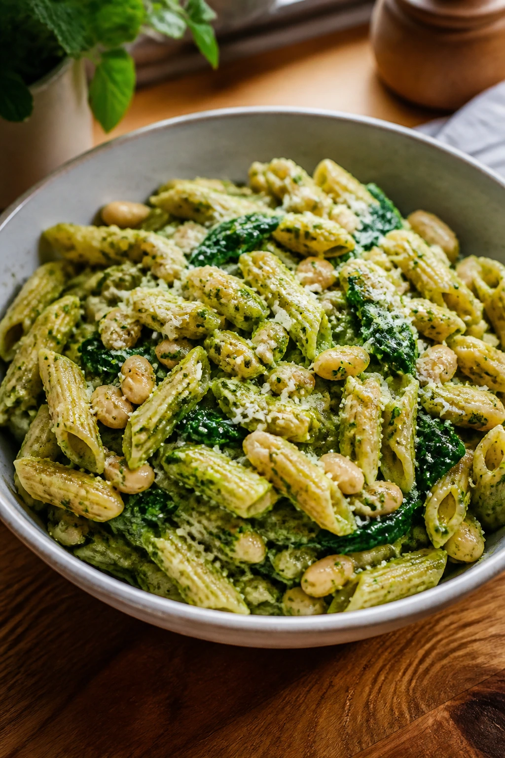 Close-up of pesto white bean pasta in a bright kitchen