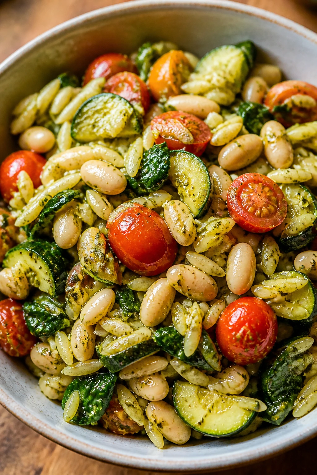 Close-up of Pesto White Bean Orzo Bowl with pesto and vegetables.