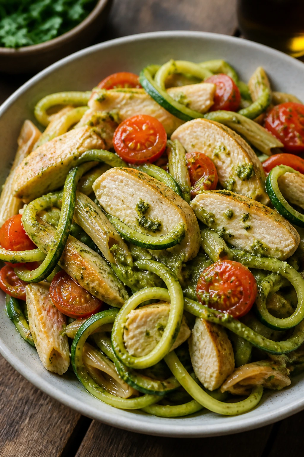 Close-up of pesto zucchini pasta with chicken in a rustic bowl under warm kitchen light