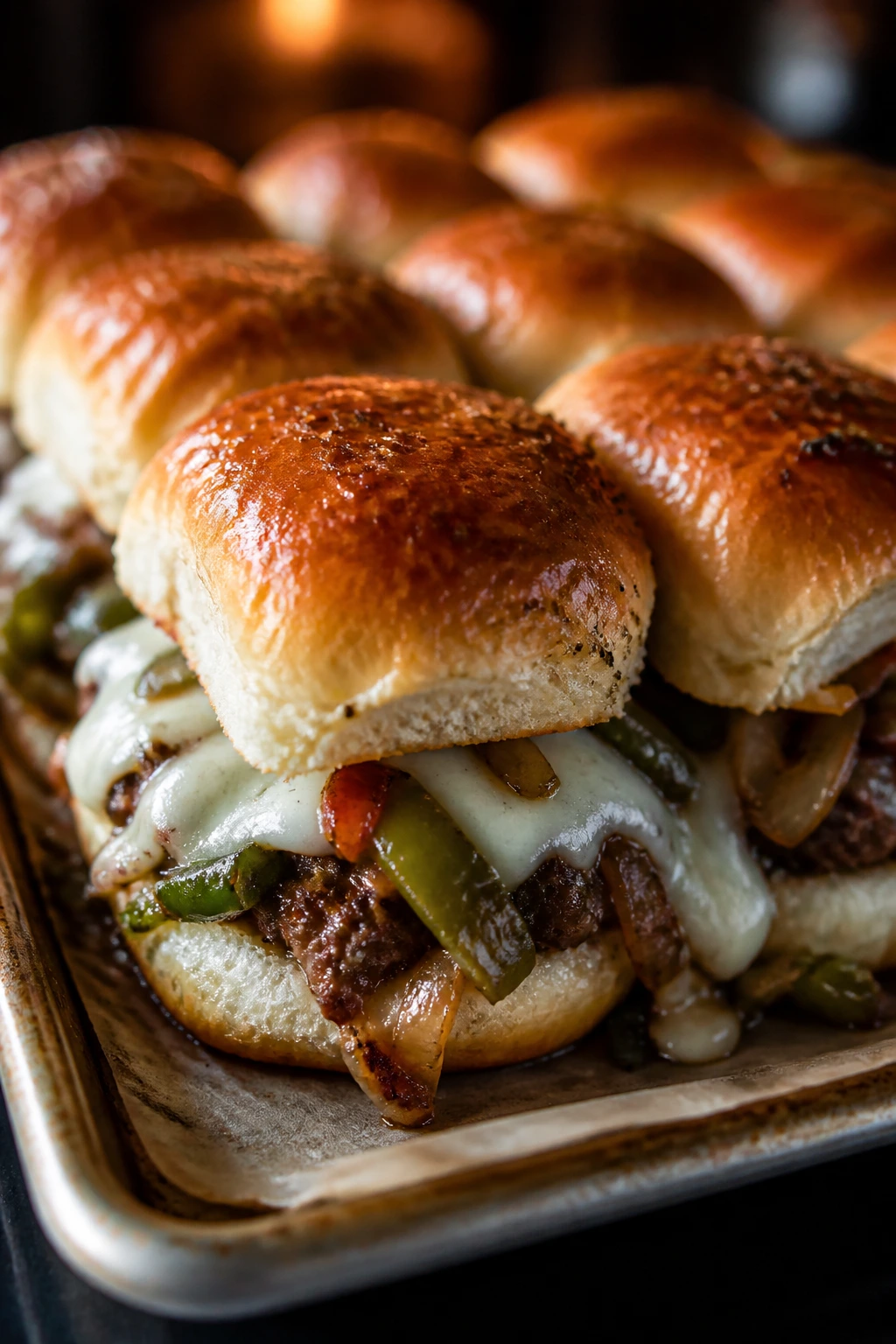 Close-up of Philly-Style Cheeseburger Sliders with onions and peppers