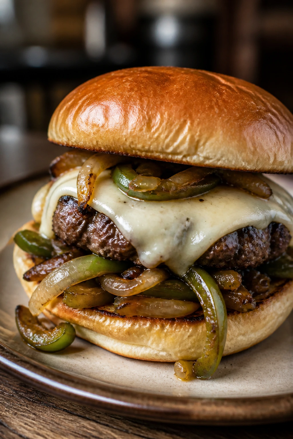 Burger with peppers, onions, and provolone cheese