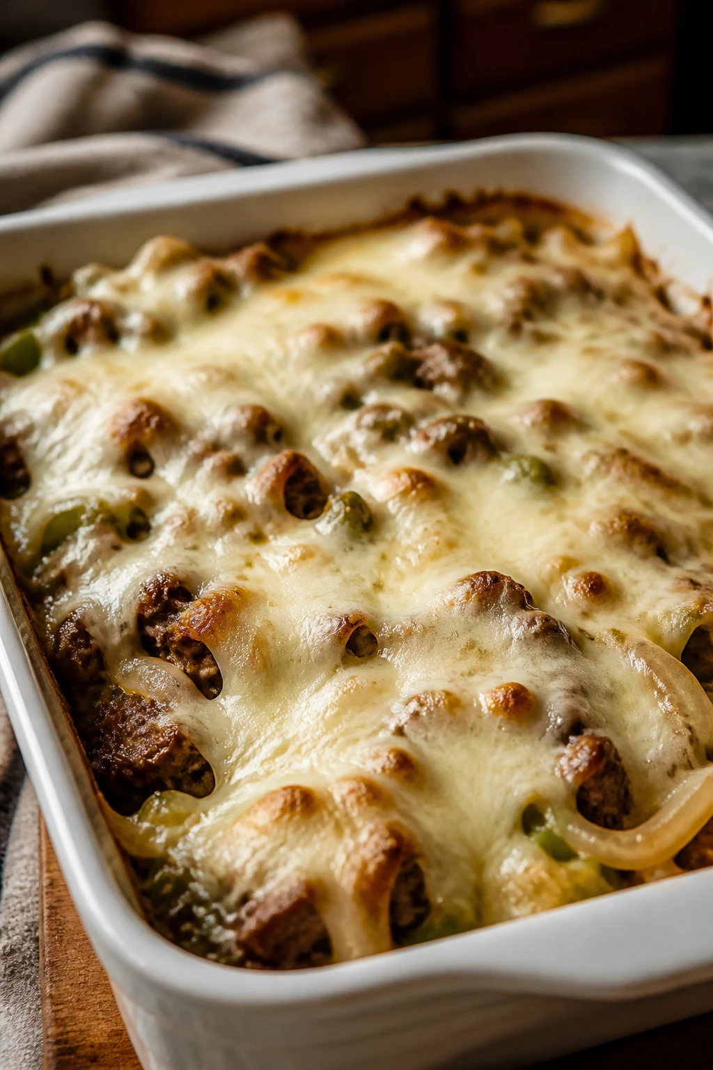 Philly cheesesteak casserole with melted provolone on top