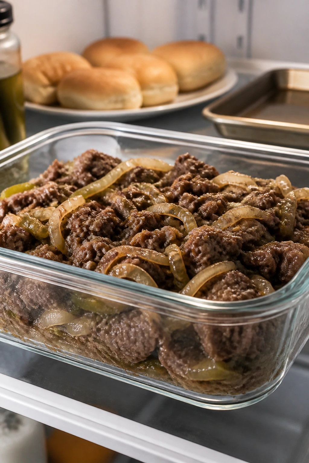 Close-up of beef filling stored in a glass container inside a refrigerator