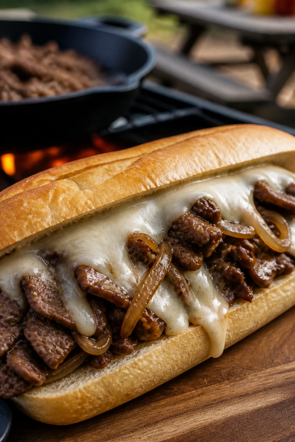 Close-up Philly Cheesesteak Hoagie with melted provolone and onions on a hoagie roll