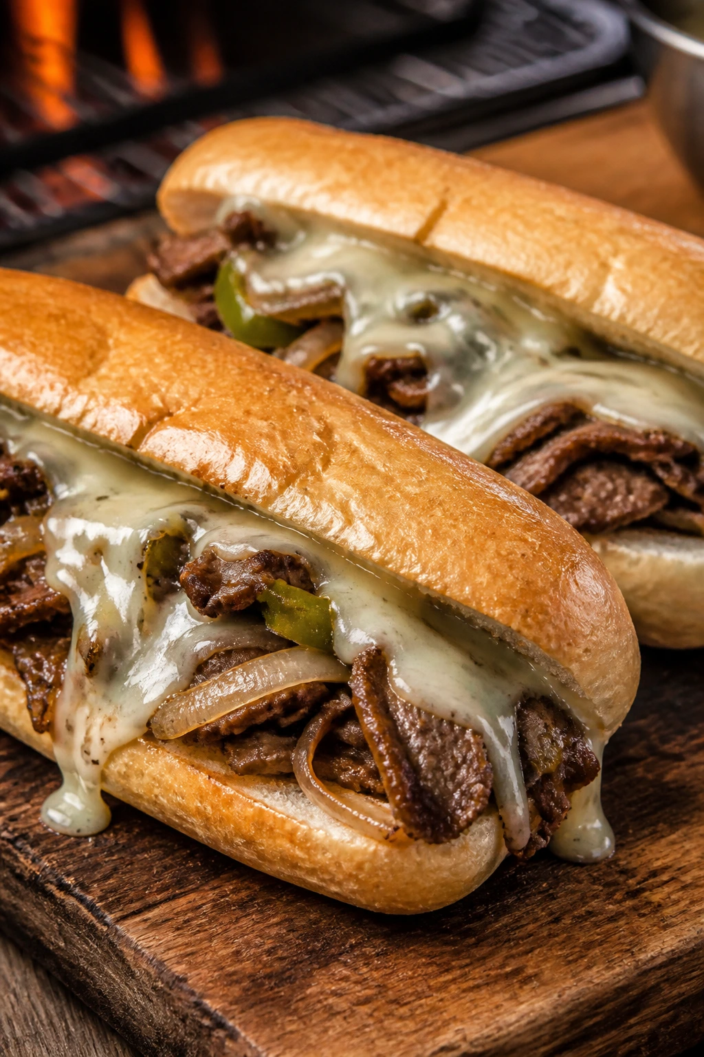 Close-up of Philly cheesesteak hoagies with melted provolone on crusty hoagie rolls on a wooden board