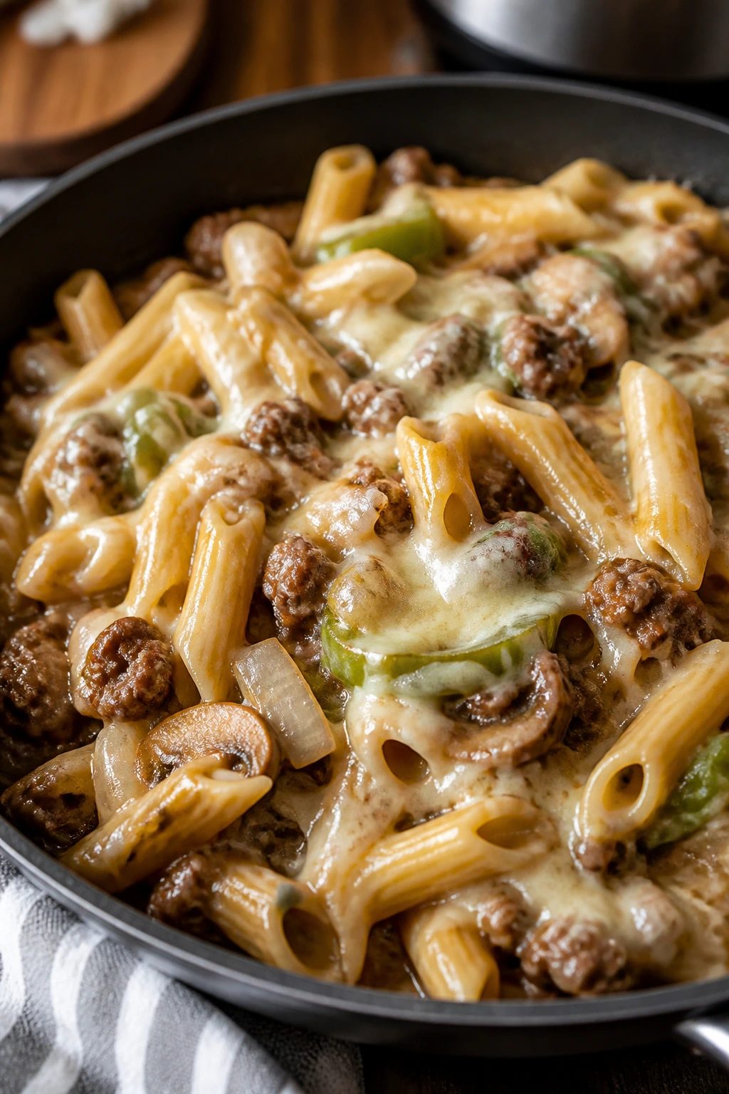 Close-up of Philly cheesesteak pasta with peppers and mushrooms