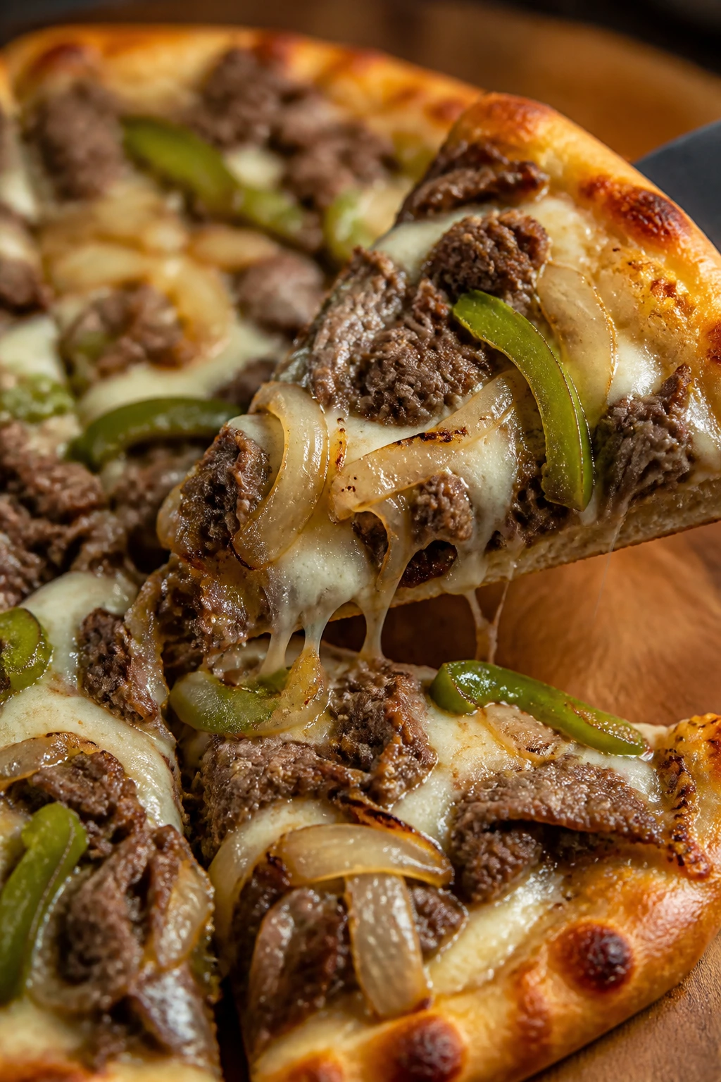 Close-up of Philly cheesesteak pizza slice with steak, onions, peppers and provolone on blistered crust