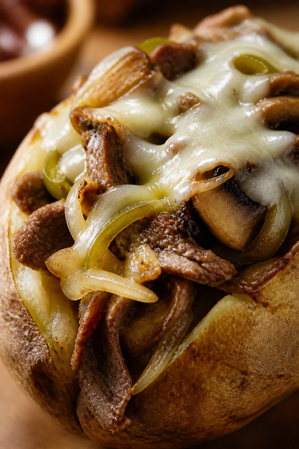 Philly cheesesteak loaded potato with melted provolone