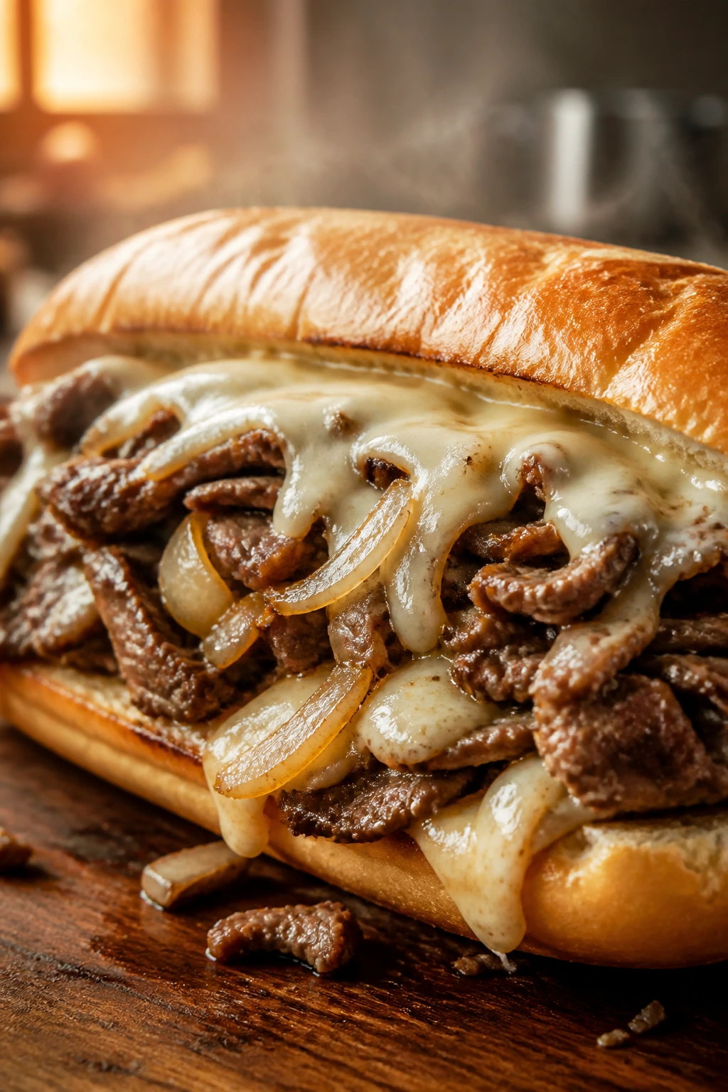 Close-up of a hot Philly cheesesteak with melted cheese in a hoagie on a wooden board