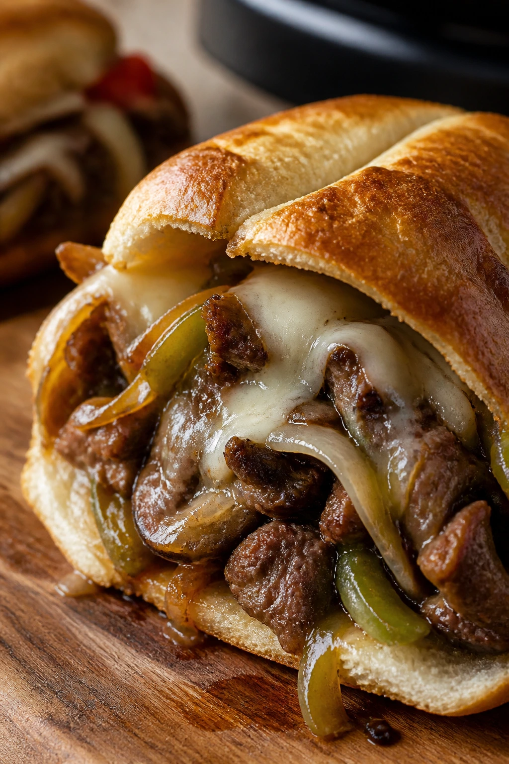Close-up of Philly cheesesteak-style sandwich with provolone and onions
