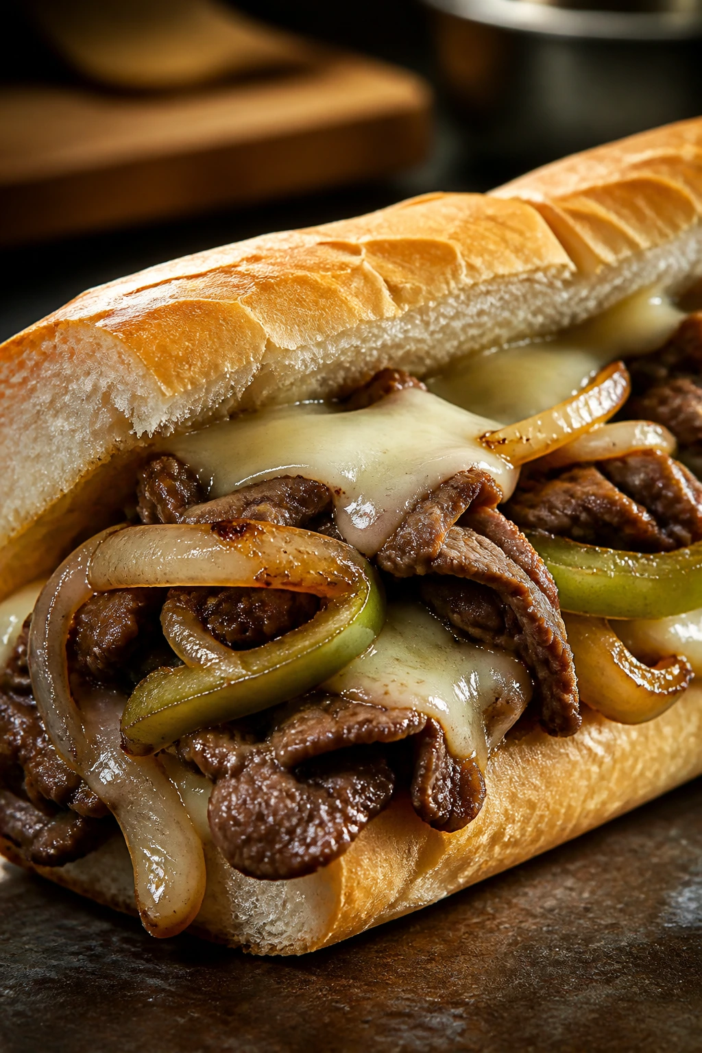 Close-up of Philly cheesesteak sandwich with melted cheese