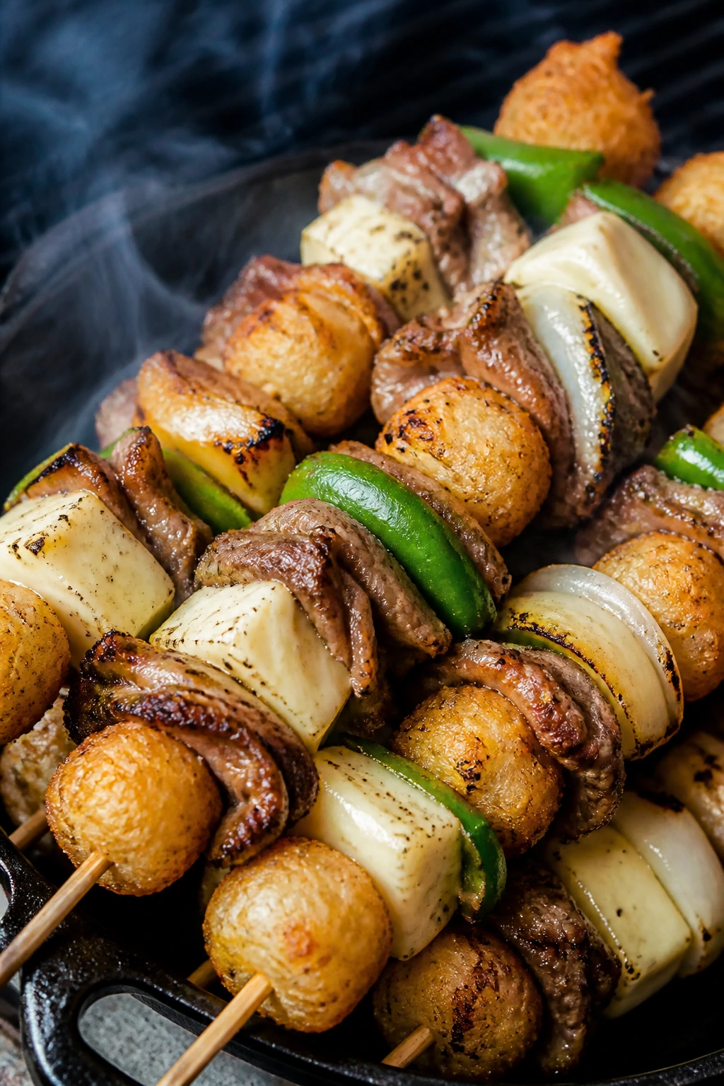 Close-up of Philly cheesesteak tater tot skewers on grill