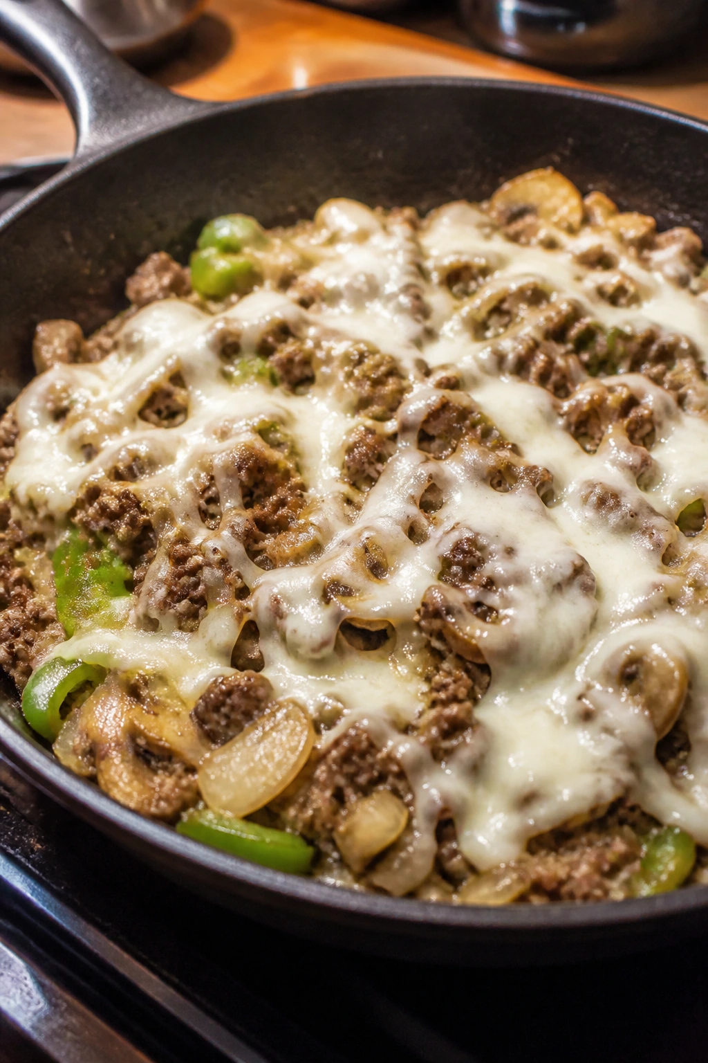 Skillet of Philly cheesesteak beef with onions, peppers, mushrooms, and melted provolone