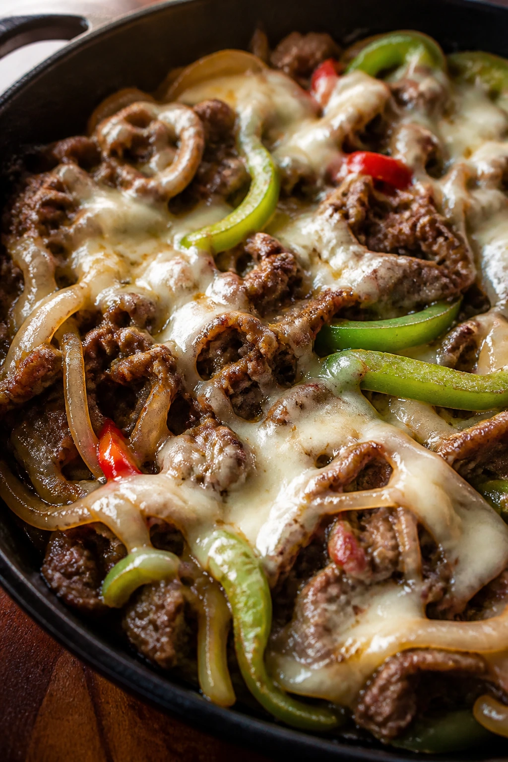 Close-up skillet with beef, onions, peppers, and melted cheese