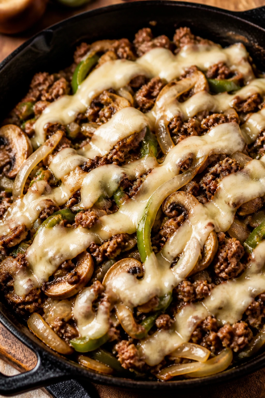 Skillet Philly cheesesteak beef with onions peppers mushrooms and melted provolone