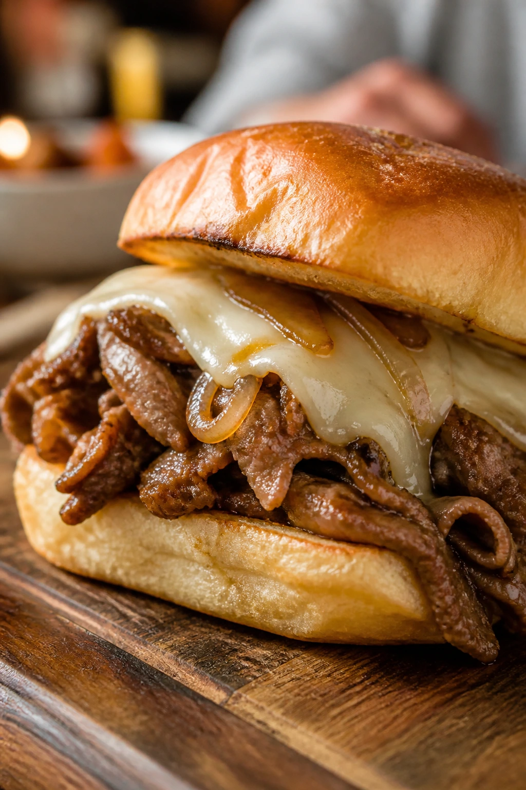 Close-up of Philly cheesesteak slider on rustic board with warm kitchen lighting