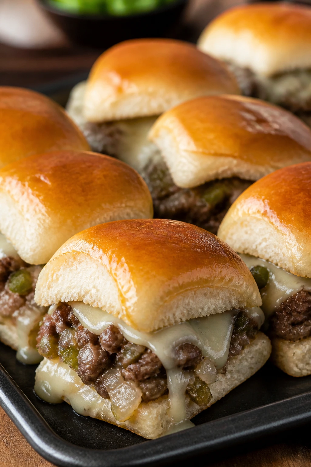 Close-up of Philly Cheesesteak Cheeseburger Sliders with peppers and onions