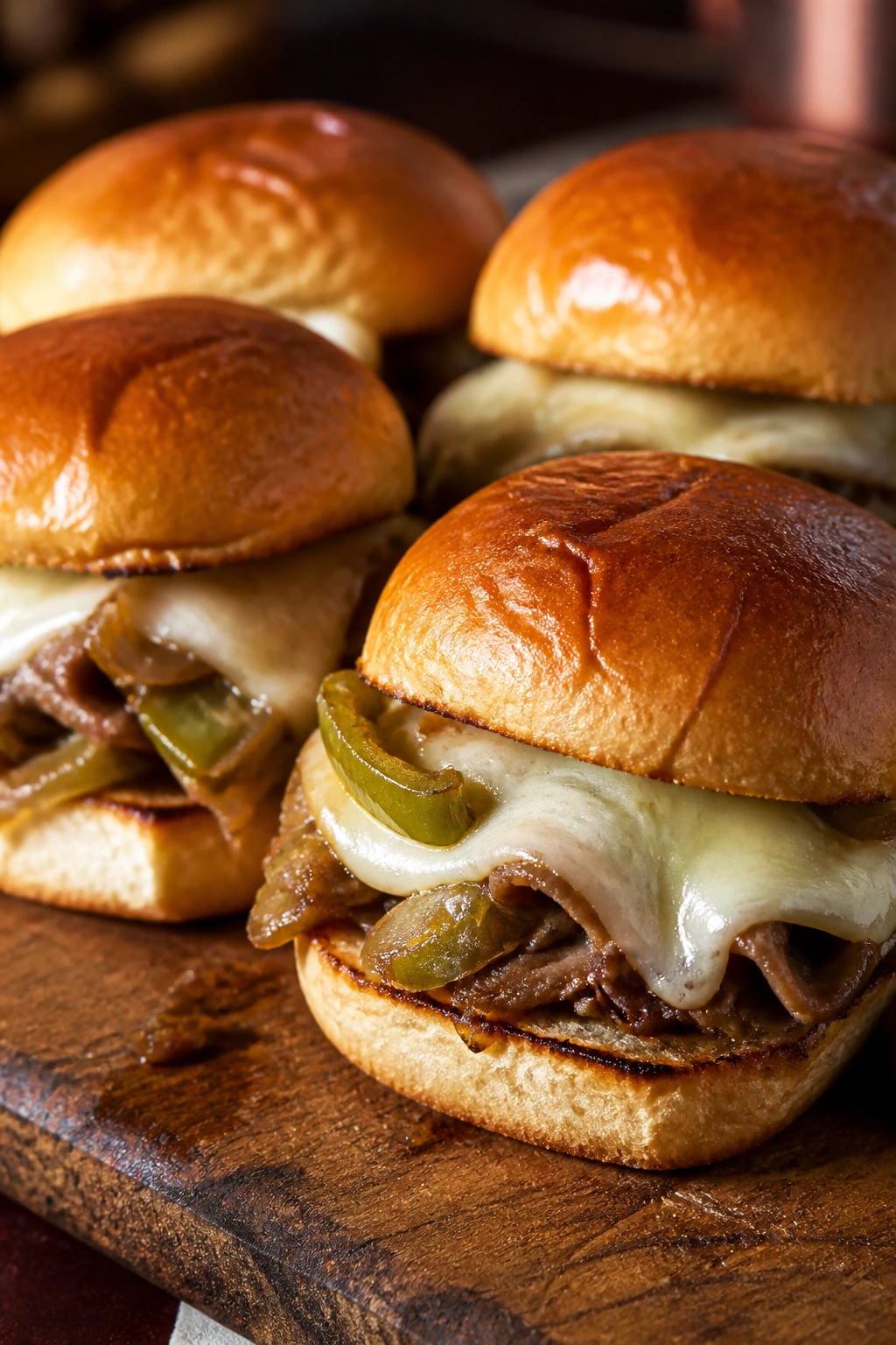 Close-up of Philly cheesesteak sliders with provolone on a wooden board