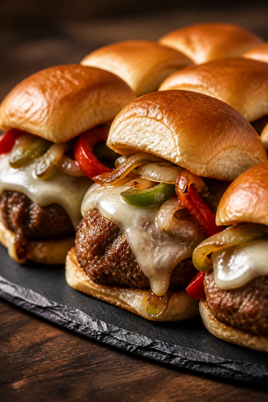 Close-up of Philly Cheesesteak sliders with peppers, onions, and provolone