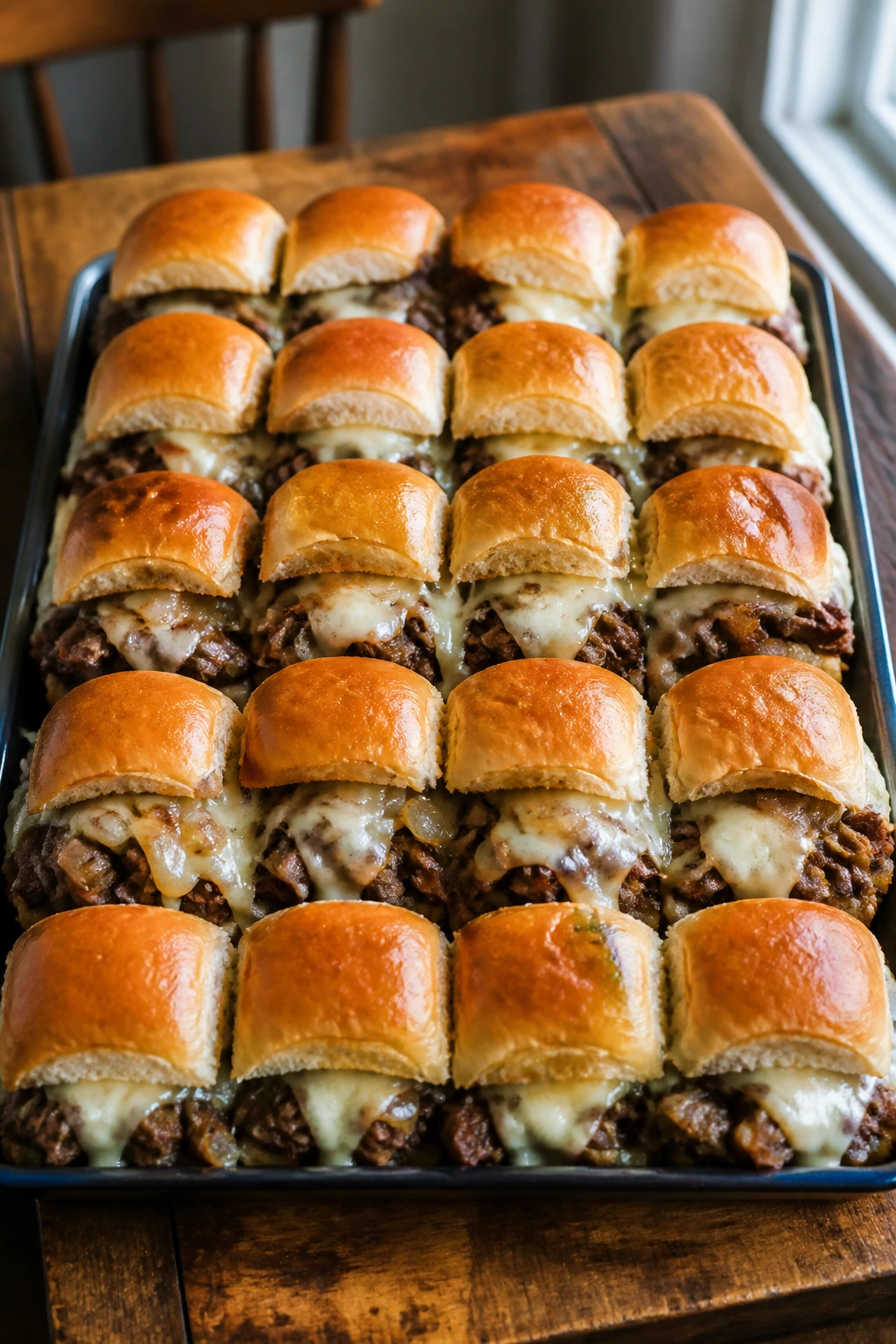 Overhead tray of Philly cheese steak sliders on a wooden board