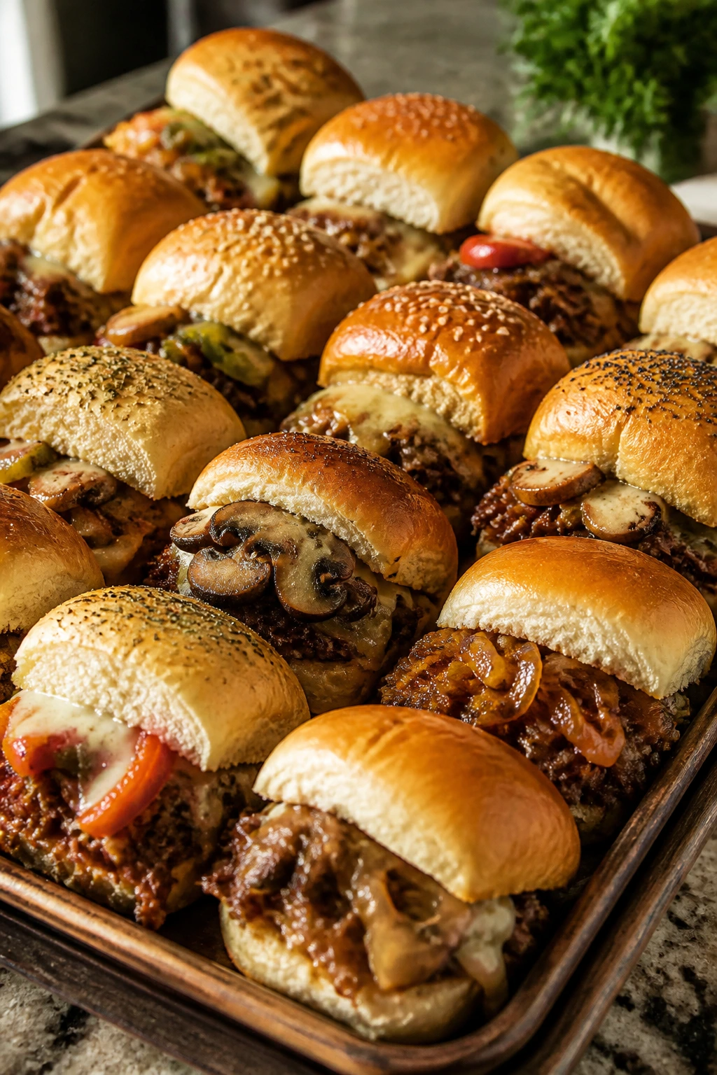 Tray of Philly cheese steak sliders with varied toppings on a warm kitchen counter