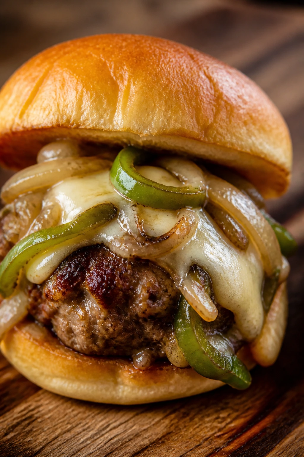 Philly cheesesteak flavors on meatball slider with peppers and provolone
