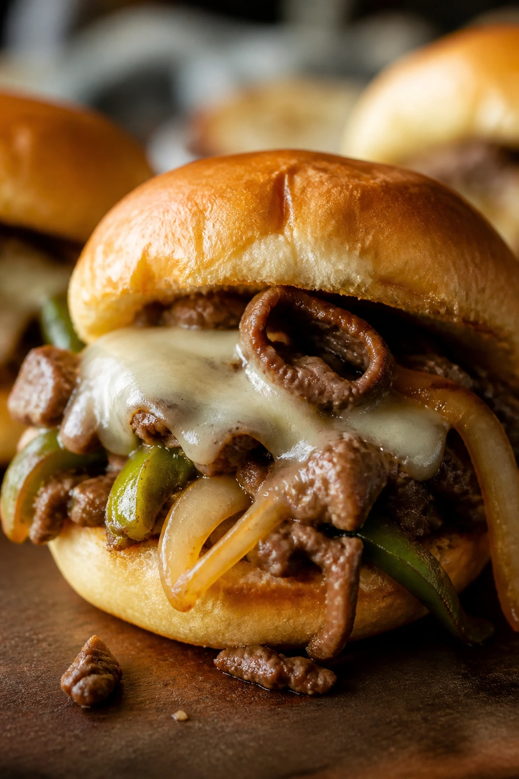Close-up of a Philly cheesesteak slider with peppers, onions, and provolone