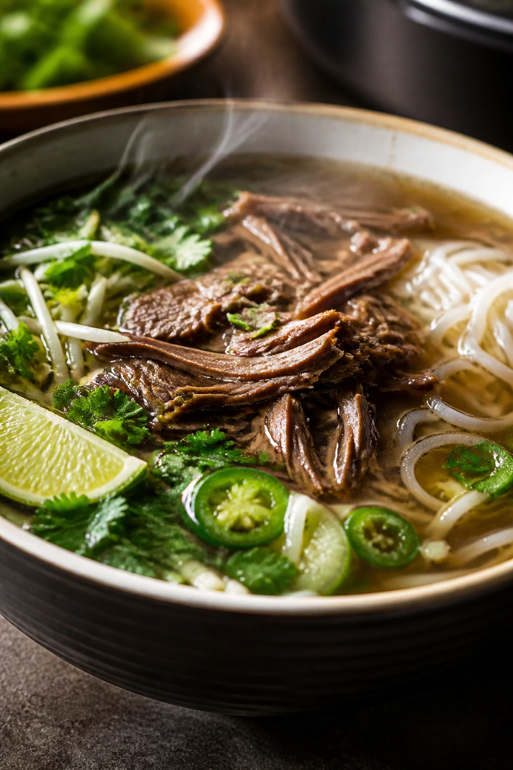 Close-up of pho-style beef broth with shredded brisket and rice noodles