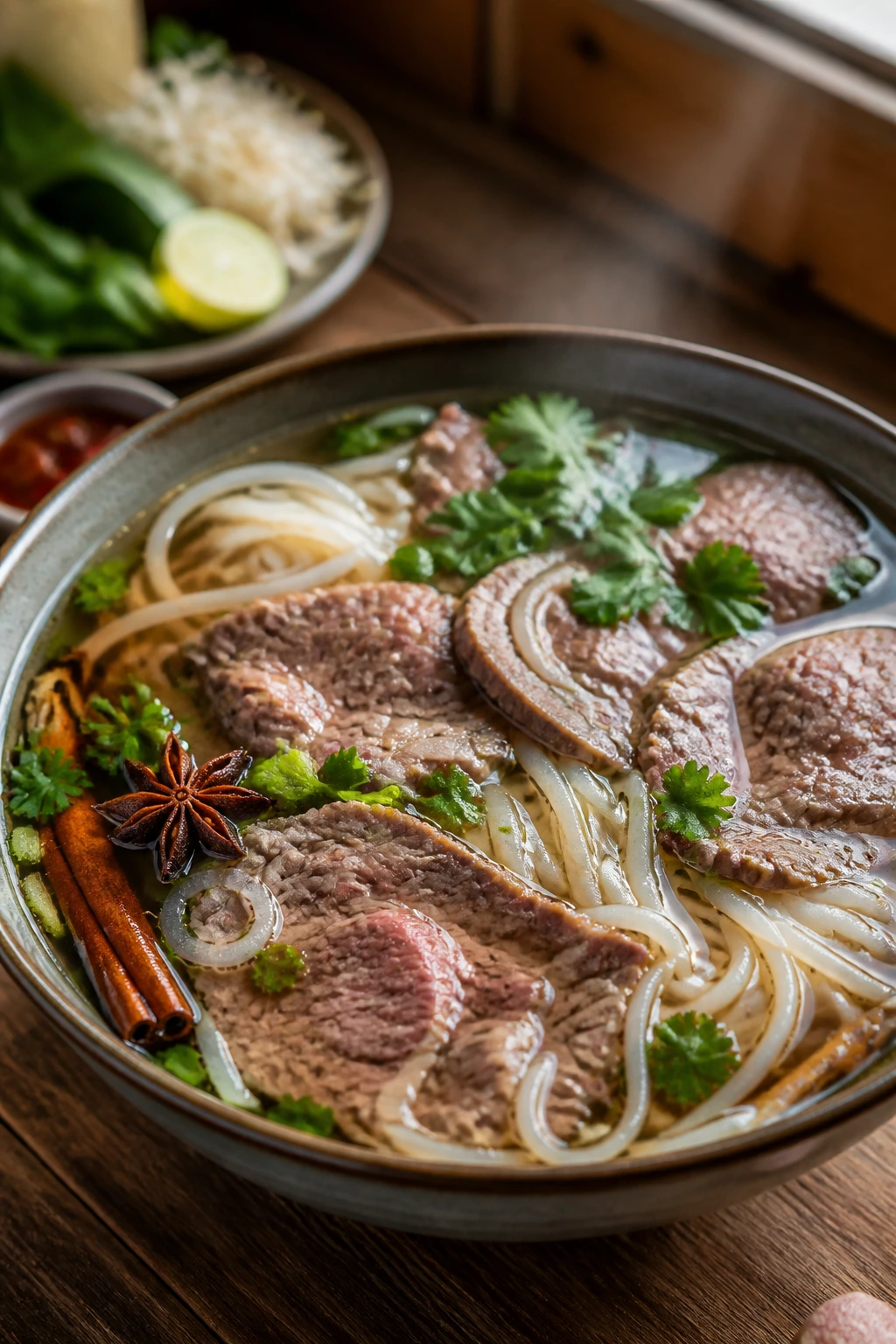 Close-up of a steaming Pho-Style Beef Noodle Soup bowl with noodles and beef in aromatic broth