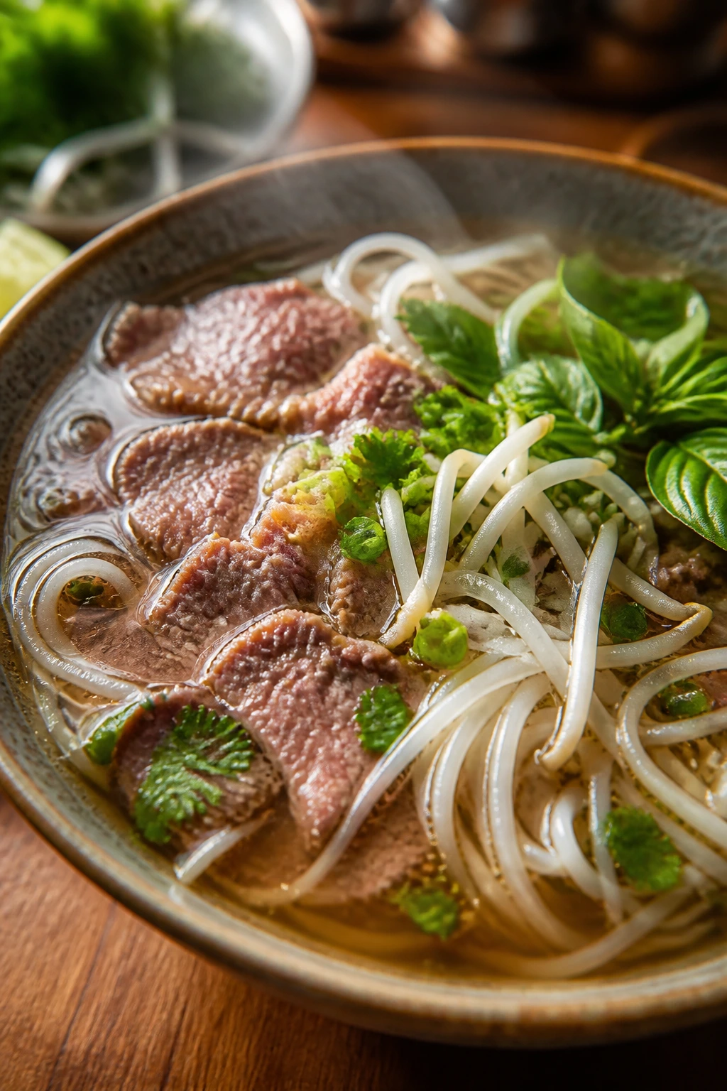Pho-style beef noodle soup with beef, noodles and herbs in a steaming bowl
