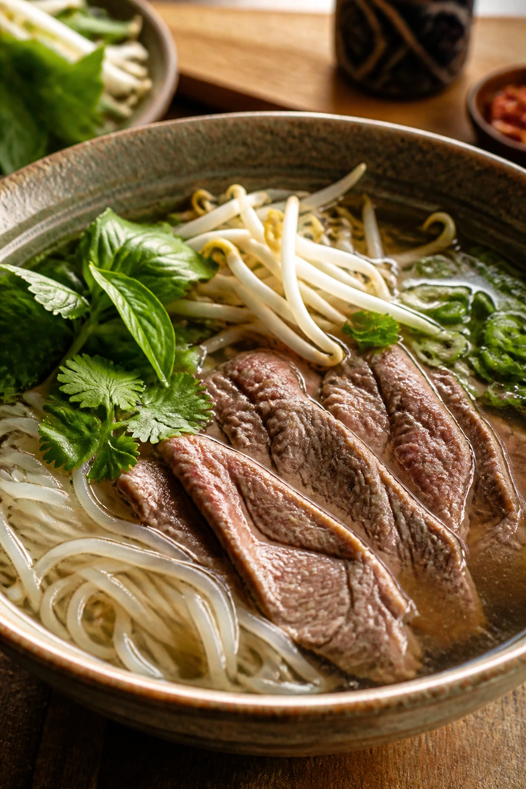 Close-up of pho-inspired beef noodle soup bowl with beef, noodles, and herbs