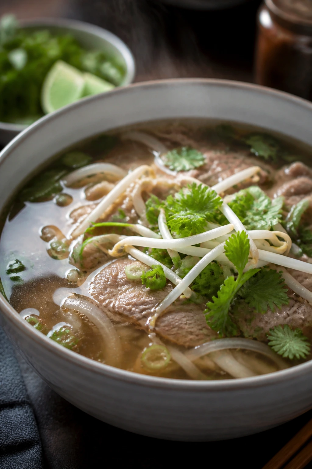 Close-up of pho-style beef soup in a bowl with visible beef slices
