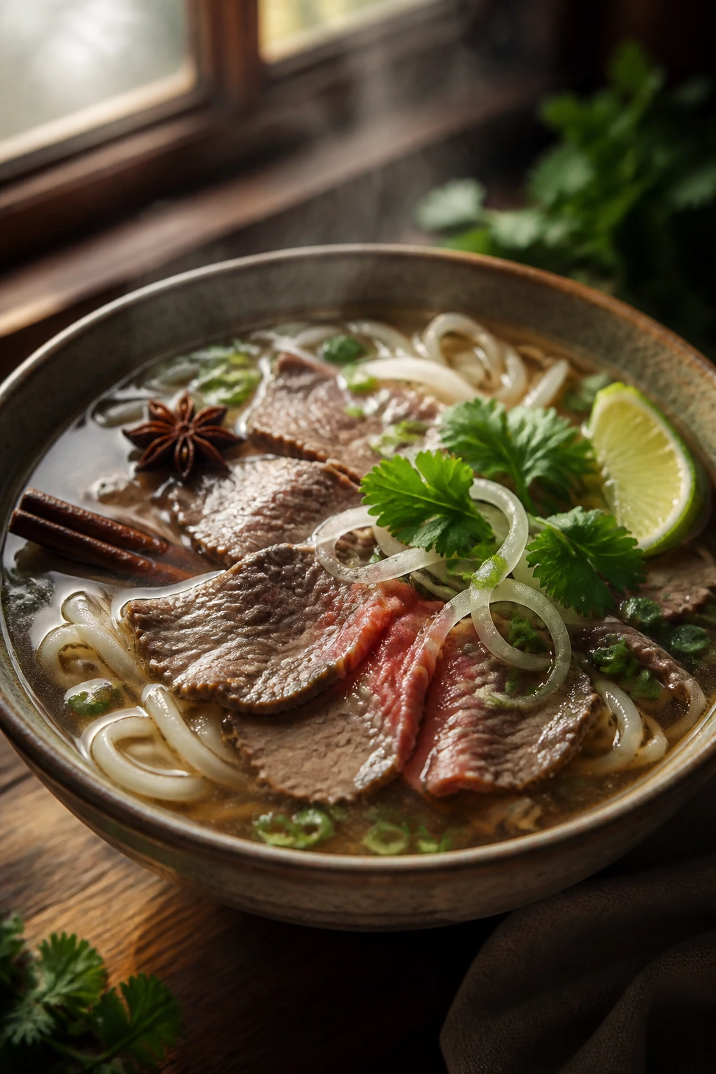 Steaming pho-inspired beef soup with beef slices and rice noodles in clear broth.