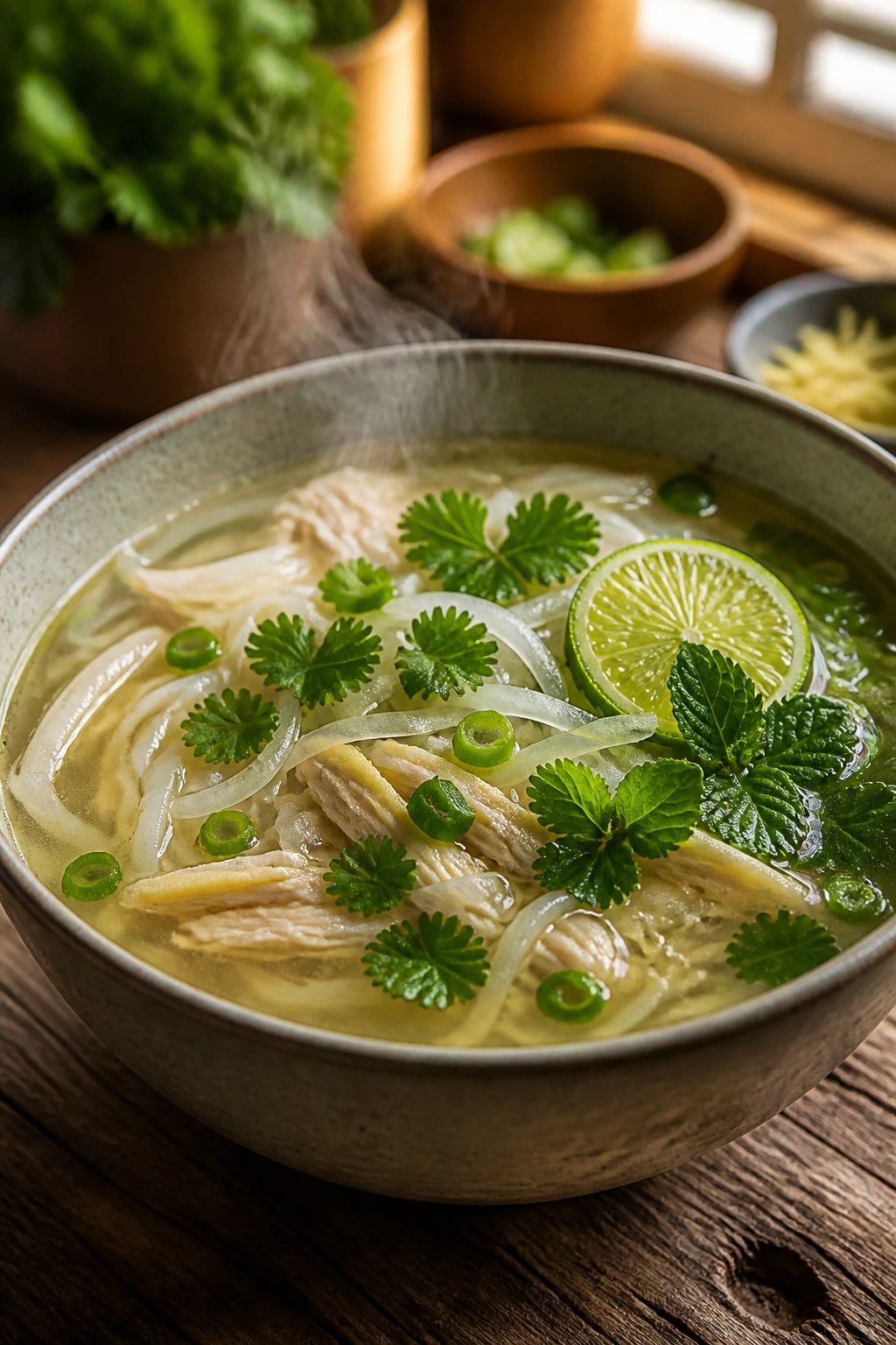 Close-up of pho-inspired ginger chicken soup with noodles and herbs in a bowl.