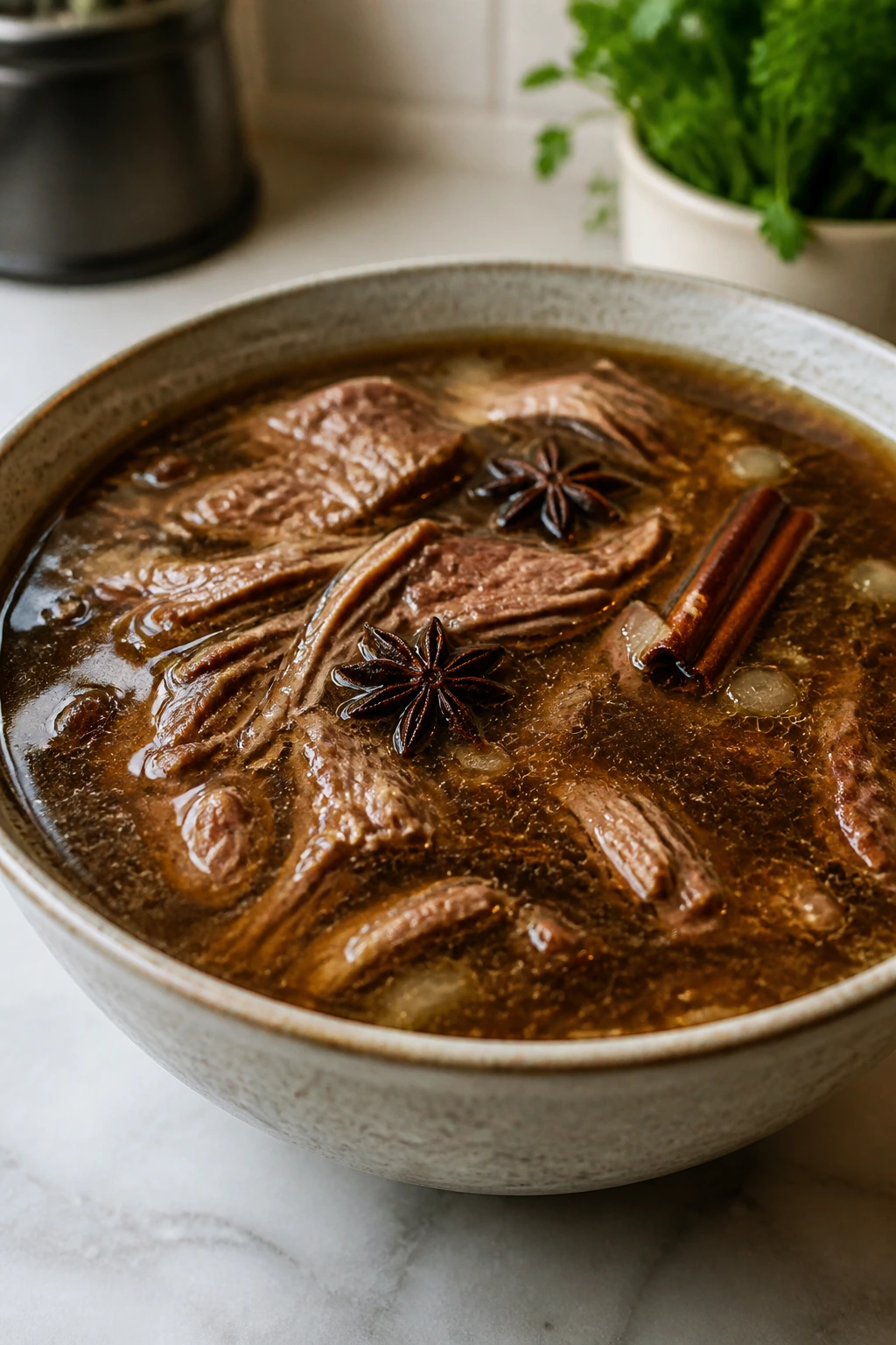 Steaming pho-style beef broth in a bowl with aromatics