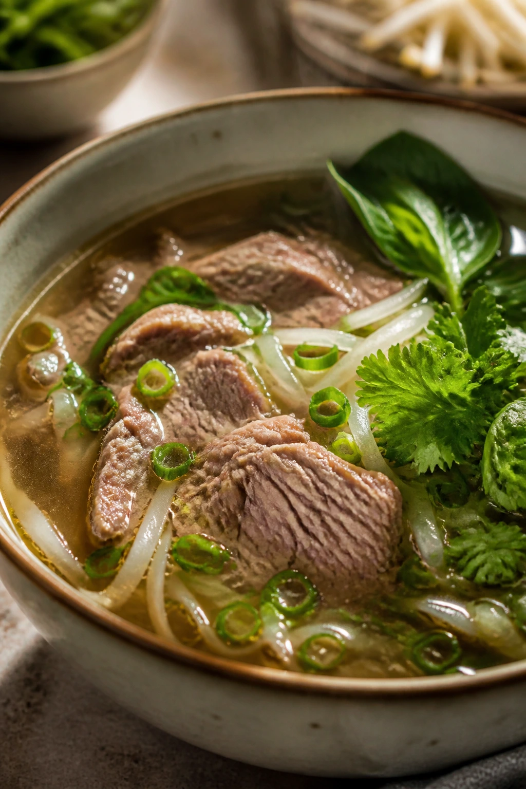 Steaming pho-style beef soup in a bowl with herbs and beef chunks.