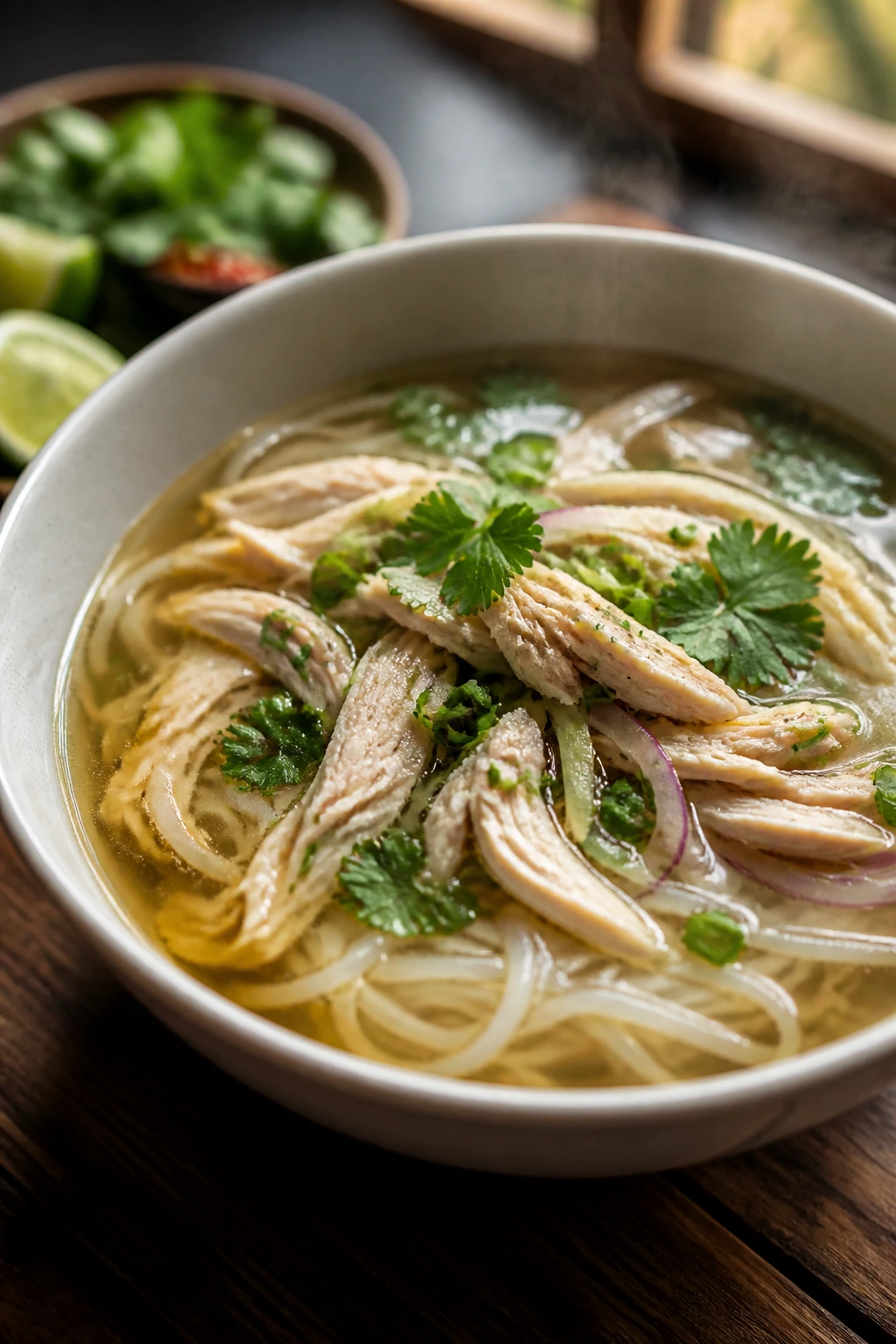 Steaming pho-style chicken noodle soup in a bowl