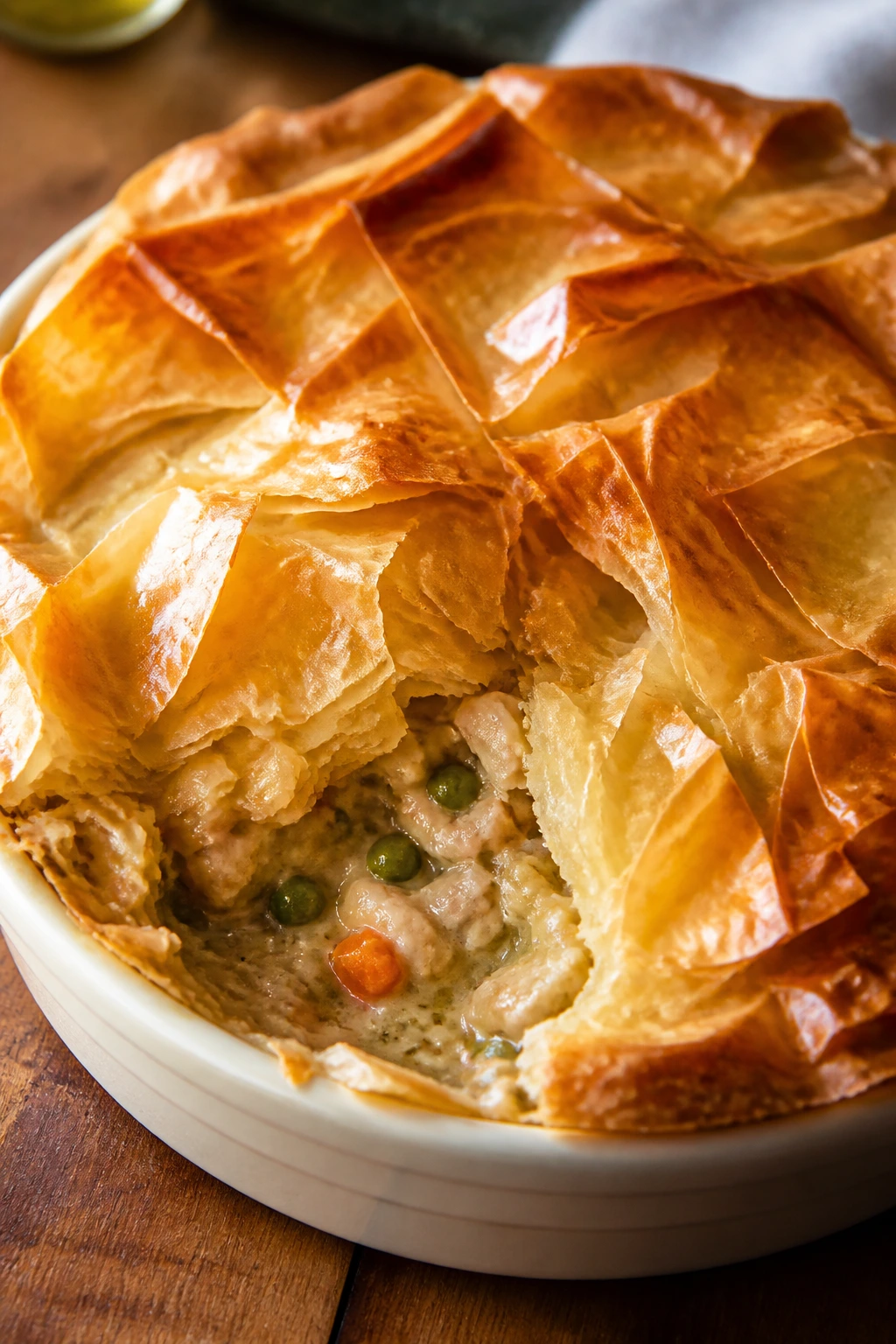 Crisp phyllo crust top of chicken pot pie in a baking dish.