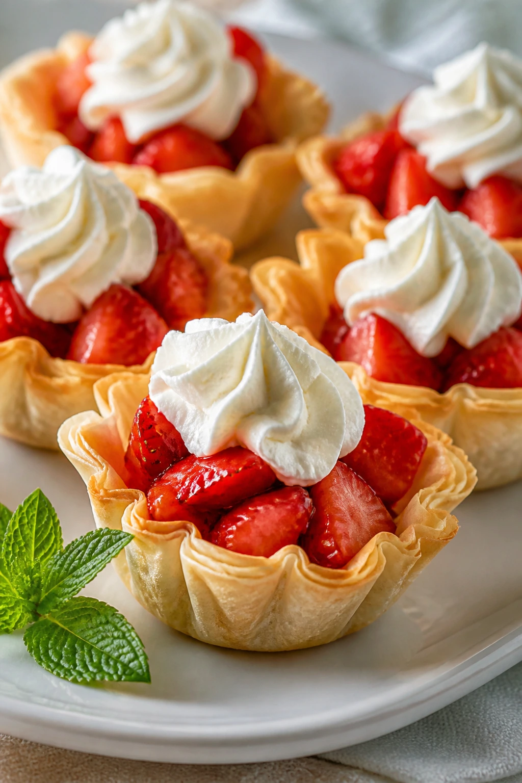 Close-up of strawberry shortcake phyllo cups with whipped cream