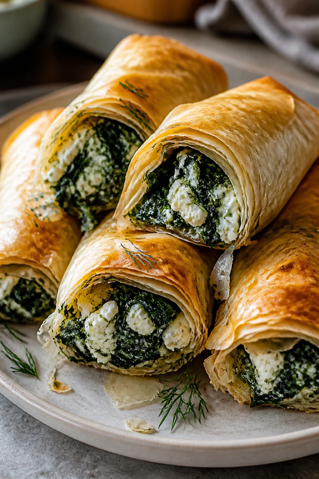 Close-up of spinach-feta-dill phyllo rolls with flaky layers