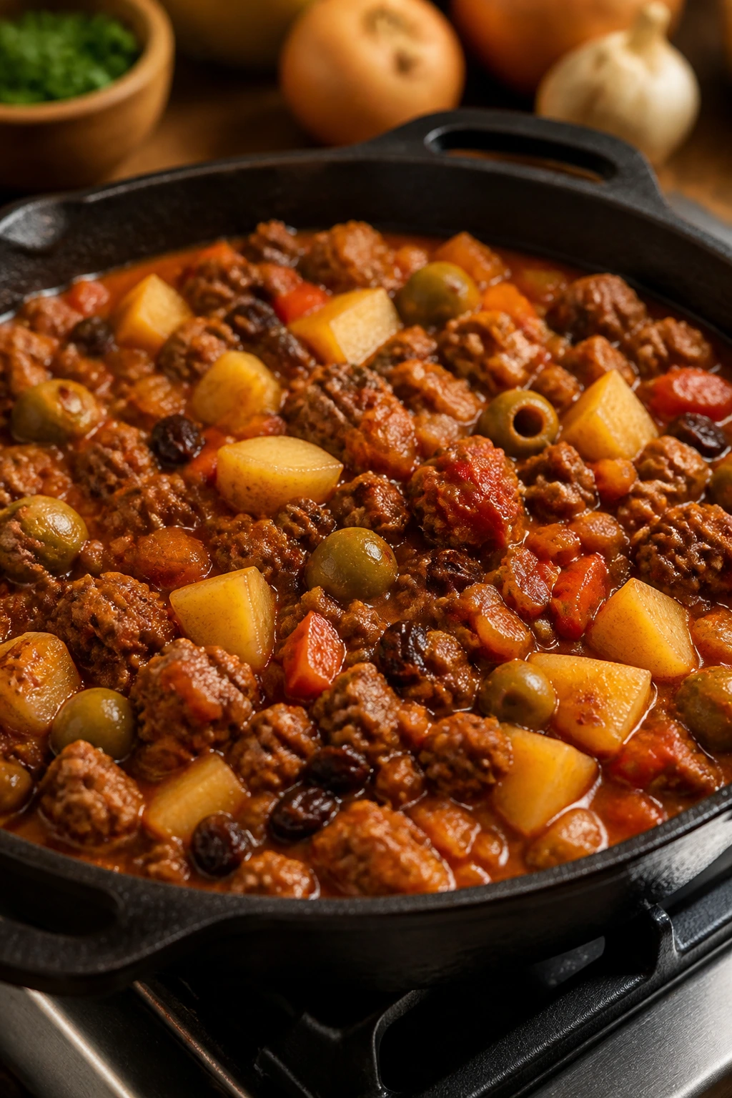 Skillet of picadillo with beef, olives, potatoes, and raisins in tomato sauce.