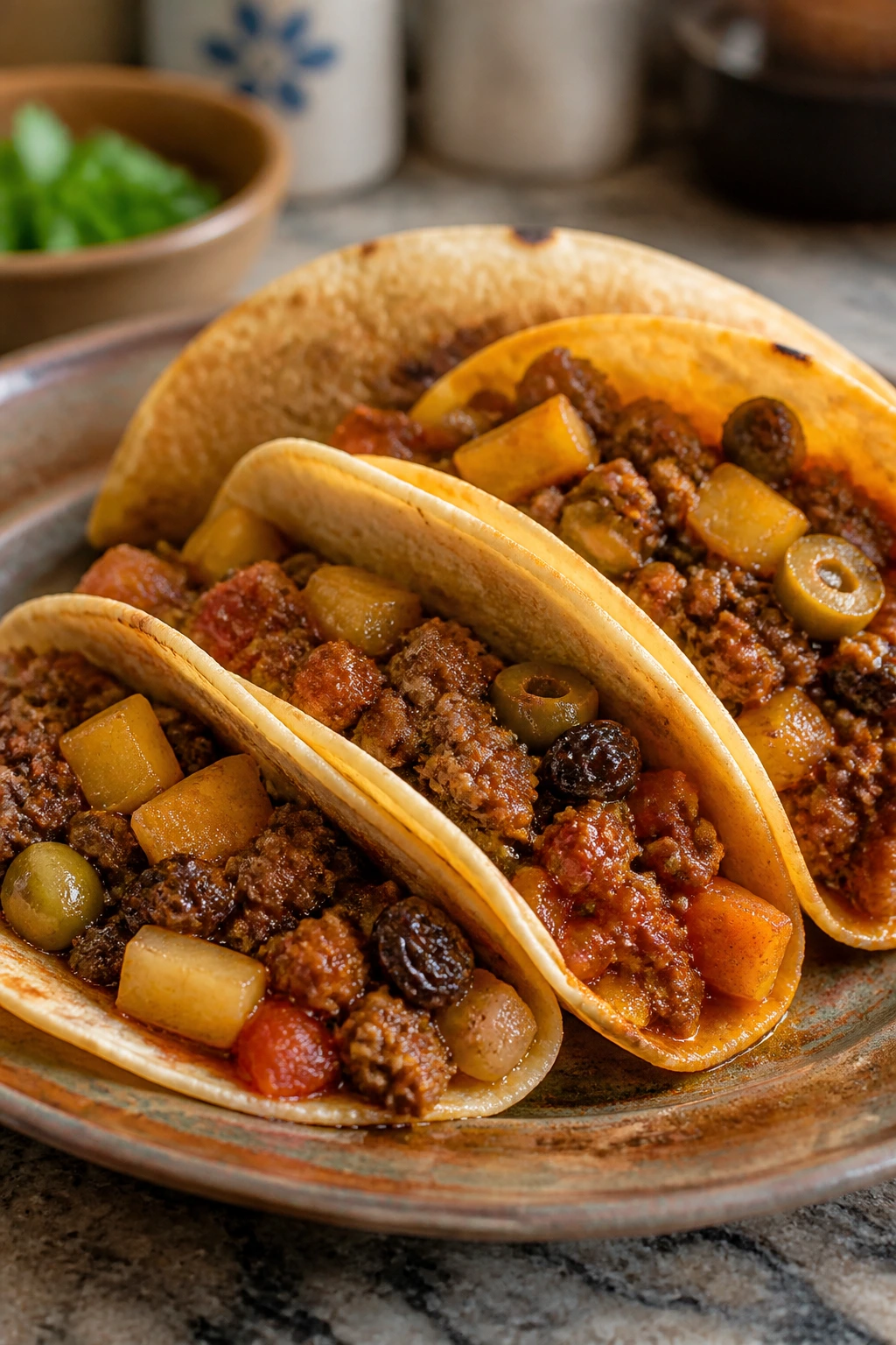 Picadillo beef and potato tacos with olives and raisins