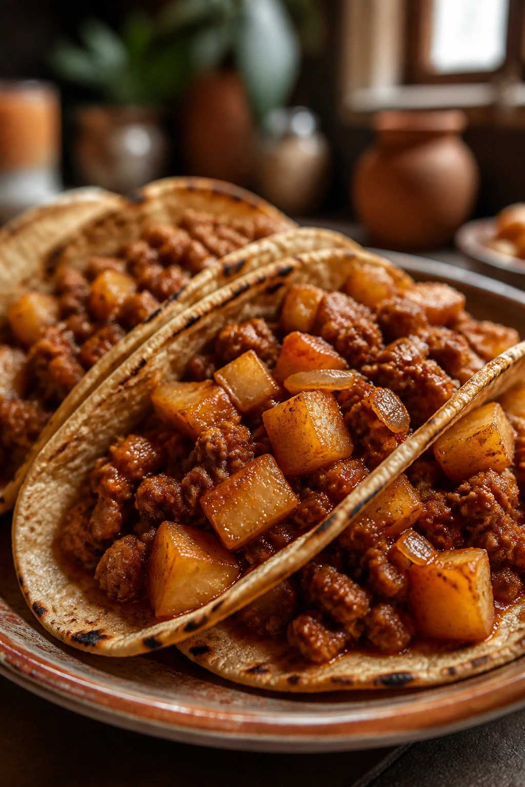 Close-up picadillo-style beef taco with potatoes and tomato filling