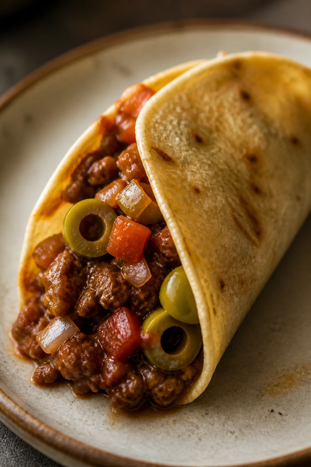 Close-up of picadillo-style beef taco with olives in tortilla