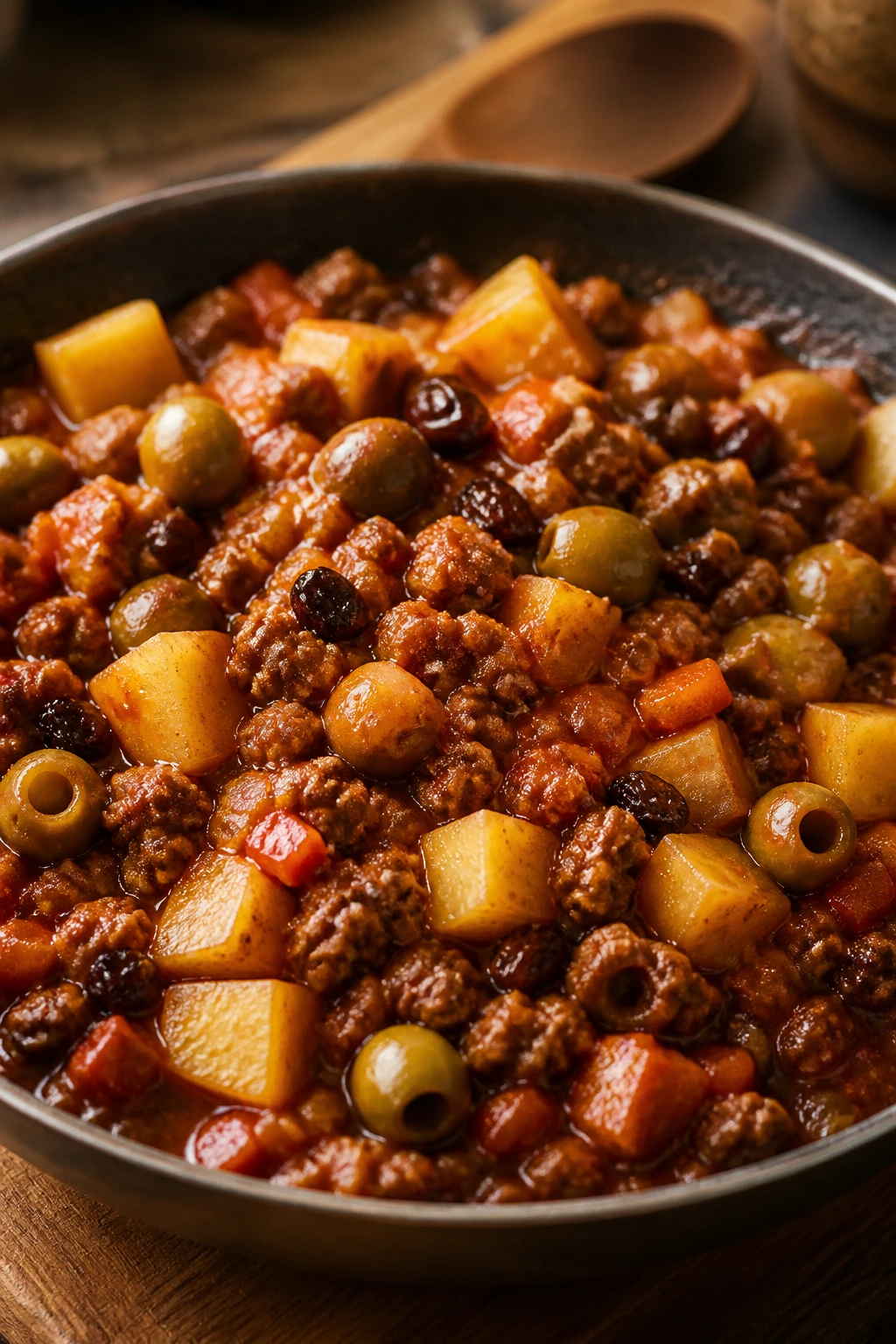 Picadillo with olives and raisins in tomato sauce with potatoes.
