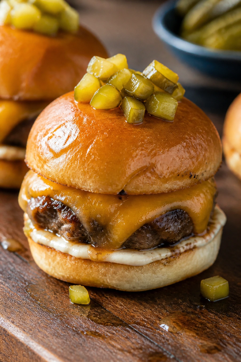 Beef slider with pickle brine and chopped pickles on wooden board