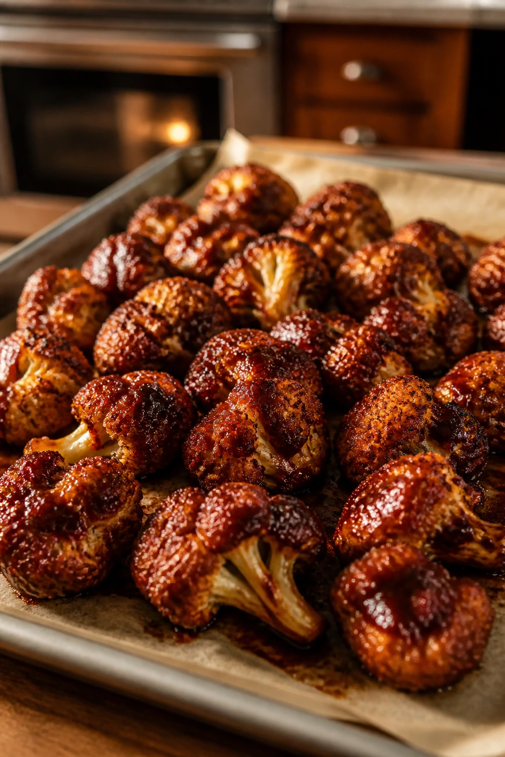 Close-up of pickle-brine seasoned cauliflower wings with BBQ glaze on parchment