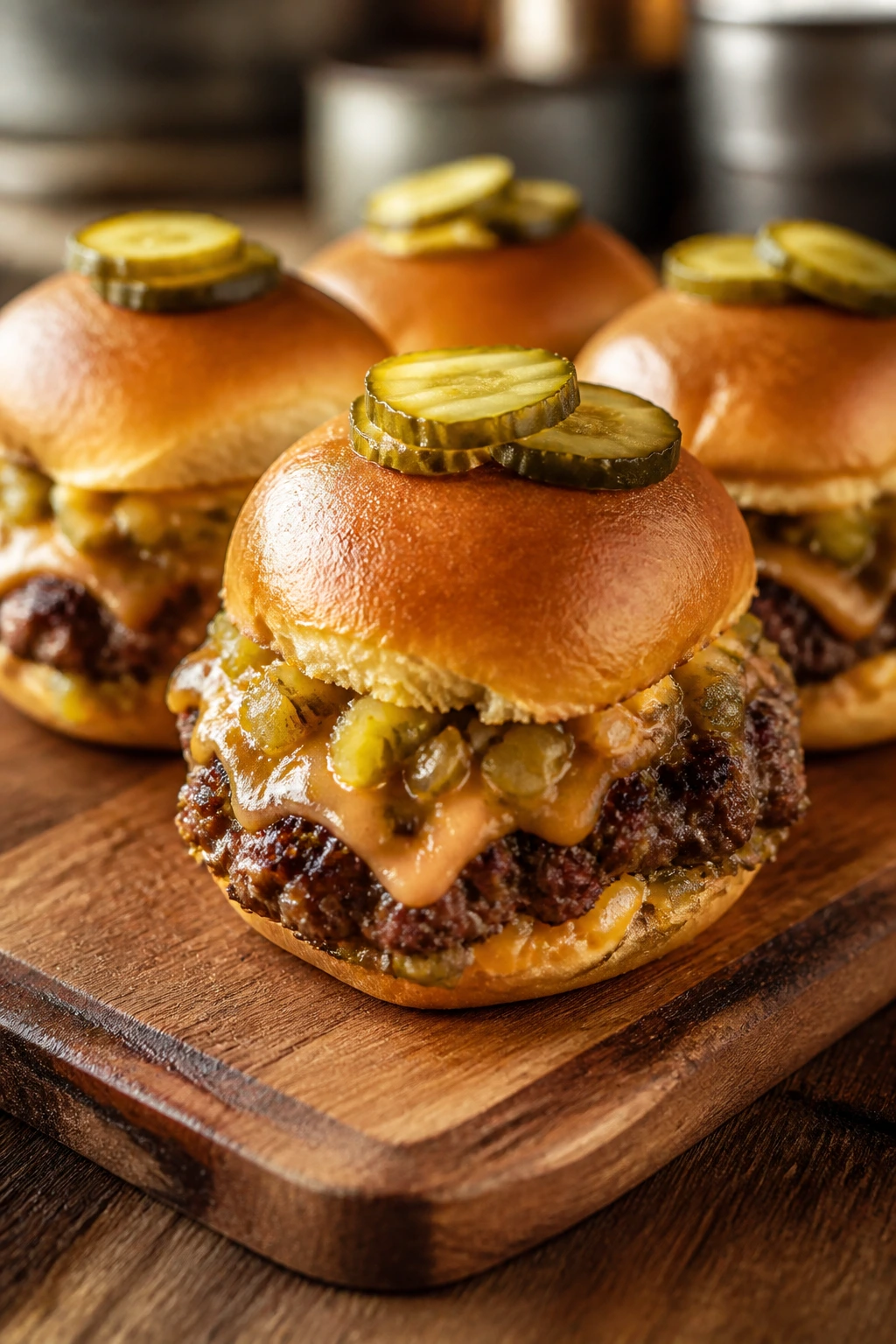 Close-up of Pickle-Packed Smash Cheeseburger Sliders with chopped pickles in beef