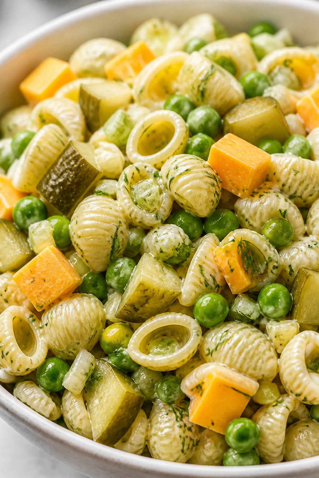 Close-up of dill pickle pasta salad with cheddar and peas
