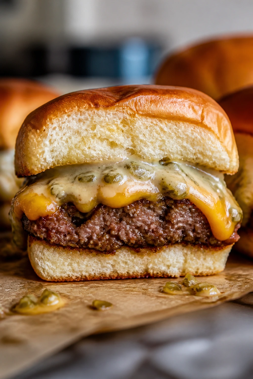 Cross-section of Pickle Relish Special Sauce Sliders with beef and cheese